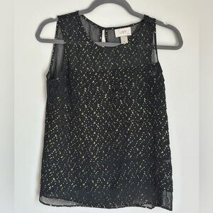 LOFT Sleeveless Gold Metallic Fleck Black Sheer Tiered Top Size Small Petite